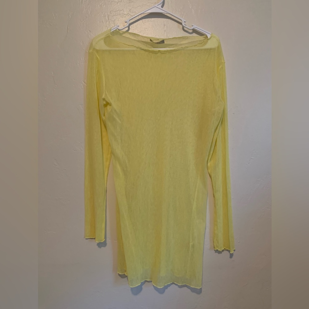 Sheer mesh yellow dress swimsuit cover up long sleeve boatneck streetwear artsy